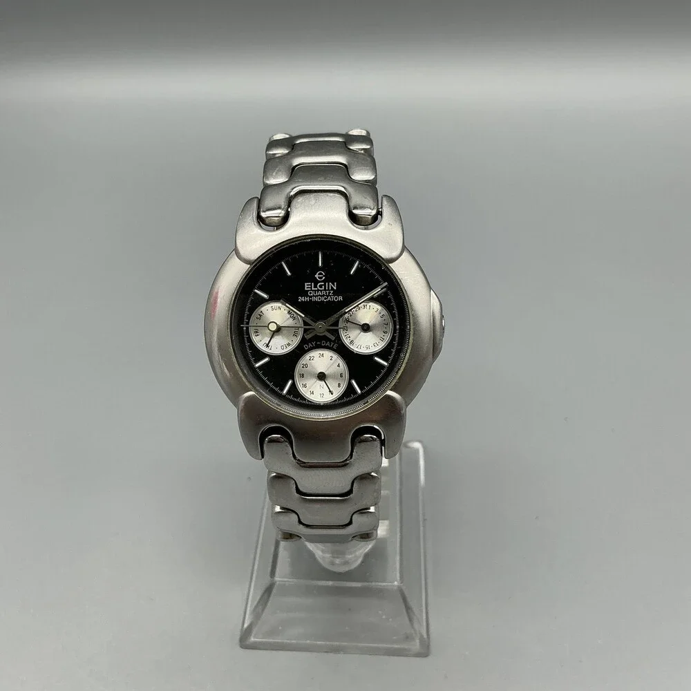 Vtg Elgin Unisex Watch 35mm Black Dial Stainless Multifunction New Battery 6.5